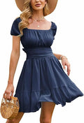 Women's 2026 Summer Short Puff Sleeve Casual Short Mini Dresses Tie Back Square Neck A-Line Sundress