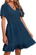 Women's Swiss Dot Mini Boho Vacation Dresses | Short Sleeve, V Neck, Lightweight, Smocked, Ruffle A Line, Beach, Graduation, Wedding Guest, Baby Shower Dress, Summer 2026