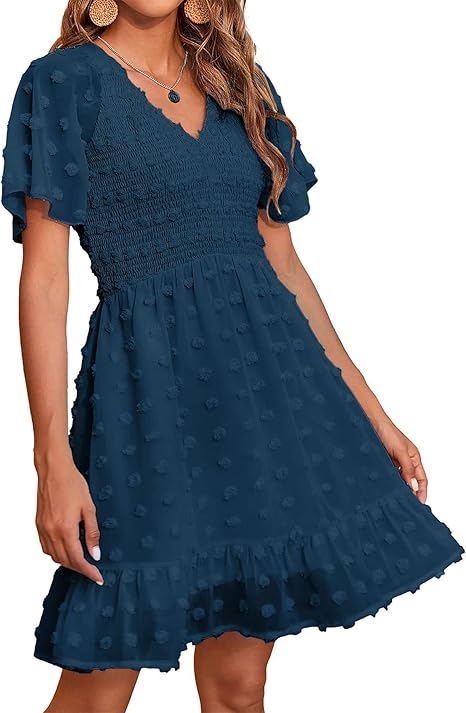 Women's Swiss Dot Mini Boho Vacation Dresses | Short Sleeve, V Neck, Lightweight, Smocked, Ruffle A Line, Beach, Graduation, Wedding Guest, Baby Shower Dress, Summer 2026