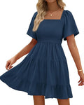 Women's Summer Smocked Mini Dress 2026 | Square Neck, Flutter Sleeve, Pockets, Lightweight, Ruffle Swing, Boho Beach Dresses, Baby Shower, Graduation, Travel Outfits
