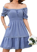 Women's 2026 Summer Boho Puff Sleeve Dresses Swiss Dot A Line Smocked Waist Mini Dress with Pockets