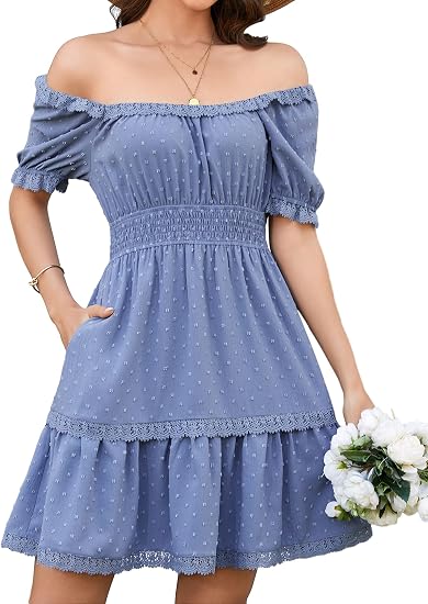 Women's 2026 Summer Boho Puff Sleeve Dresses Swiss Dot A Line Smocked Waist Mini Dress with Pockets